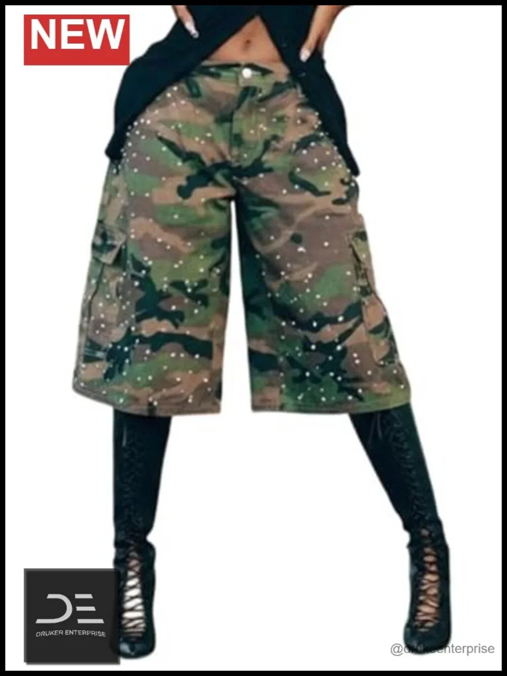 Vakkest Women Camo Bermuda Cargo Shorts Pearl Rhinestone Long Jean Jorts